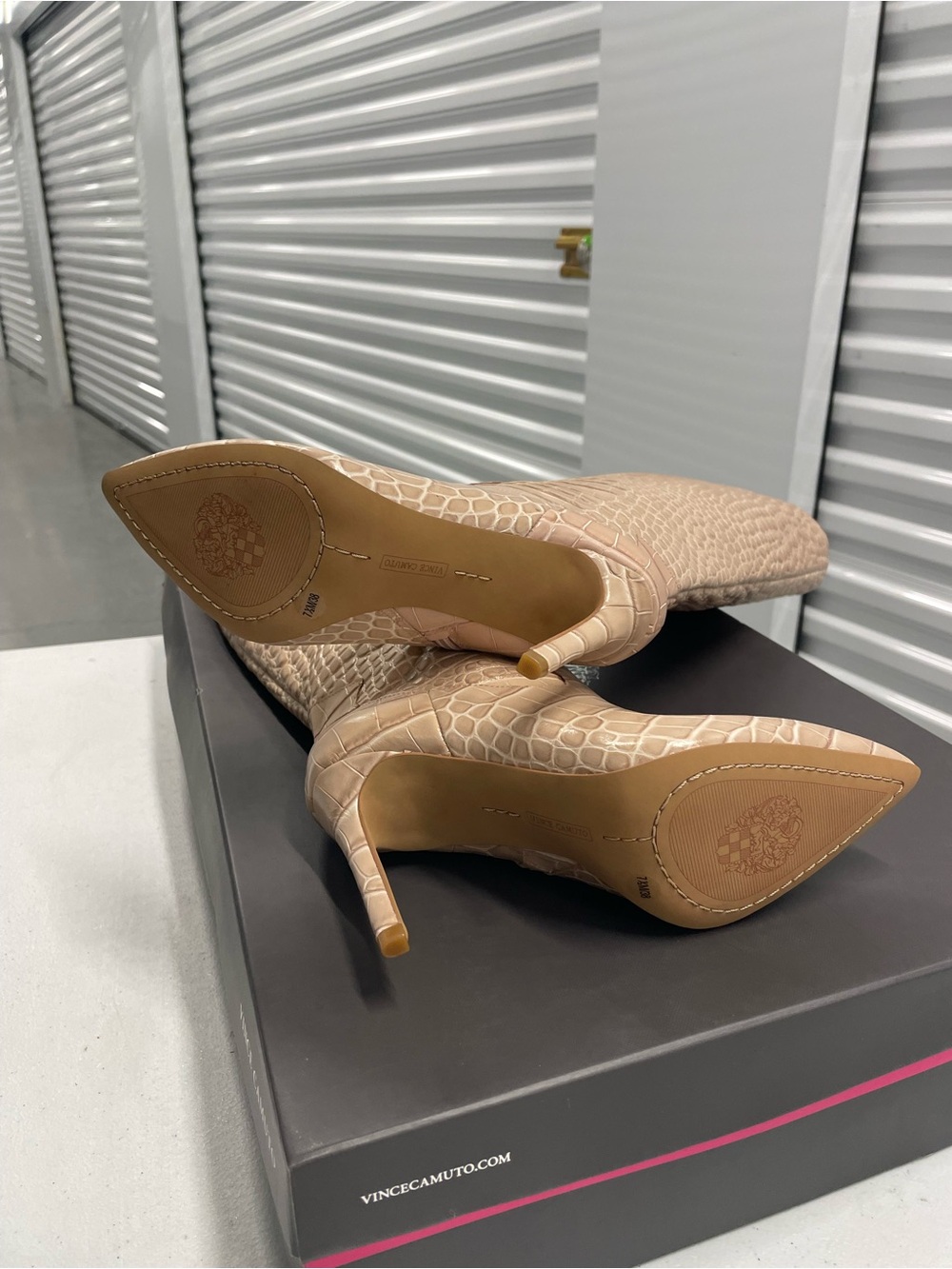 Vince Camuto Beige Croc-Embossed Over-the-Knee Pointed-Toe Stiletto Boots - Picture 3 of 5